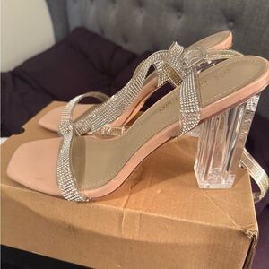 Dream Pairs Silver Strappy Heels with Clear Block
